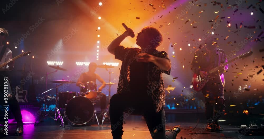 Young Indie Band Playing a Rock Music Gig with Alternative Punk Tracks at a Festival with Energetic Music Fans. Five Charismatic Musicians Make a Live Performance Under Falling Confetti