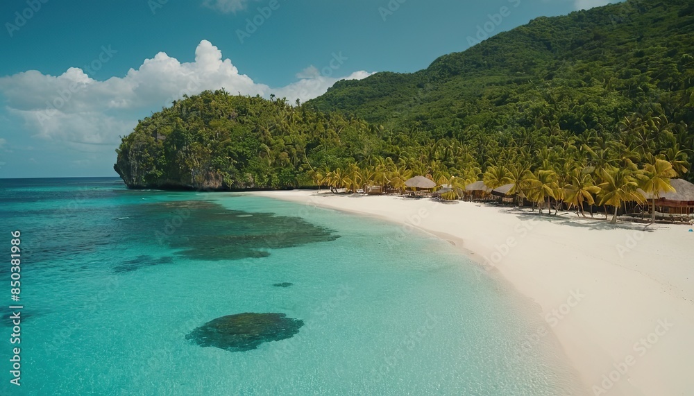 Obraz premium Tropical Island And Coral Reef - Split View With Waterline. Beautiful underwater view of lone small island above and below the water surface in turquoise waters of tropical ocean.