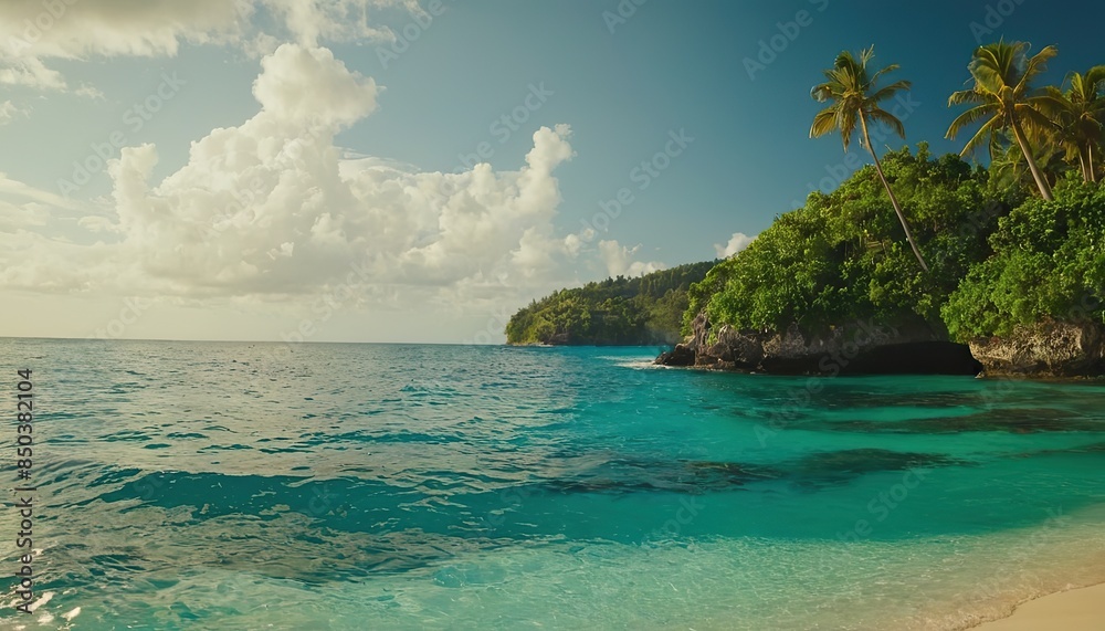 Obraz premium Tropical Island And Coral Reef - Split View With Waterline. Beautiful underwater view of lone small island above and below the water surface in turquoise waters of tropical ocean.