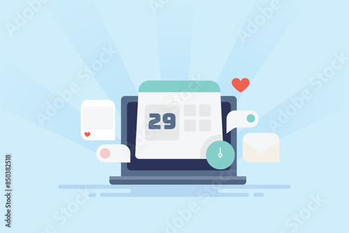 Social media content management calendar software on laptop screen business technology vector illustration.