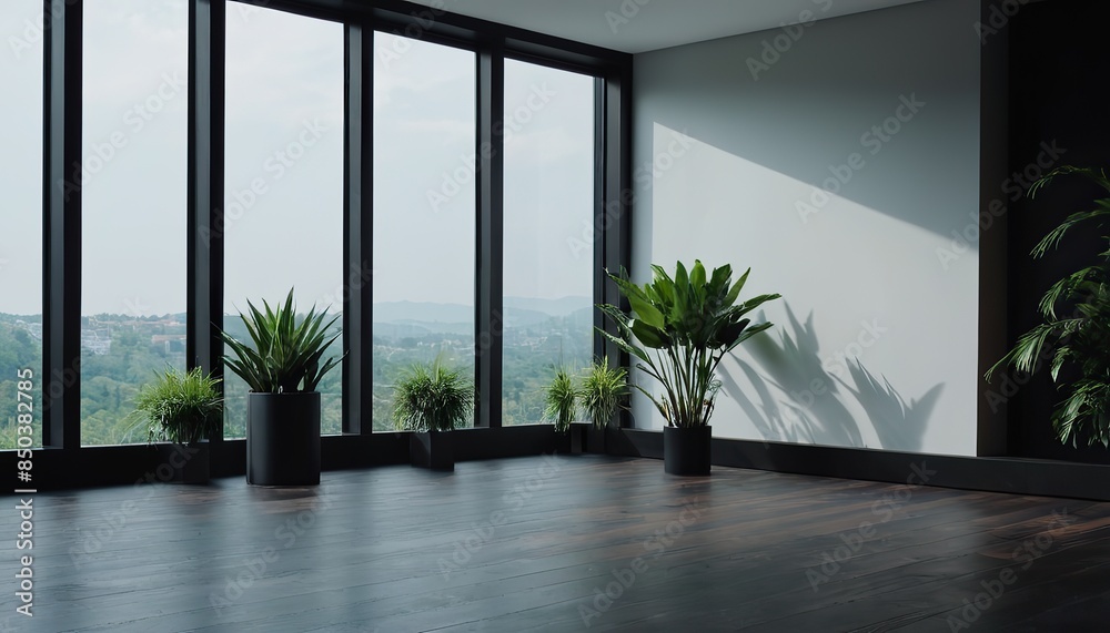 Fototapeta premium empty room with dark wall and wooden floor with plant