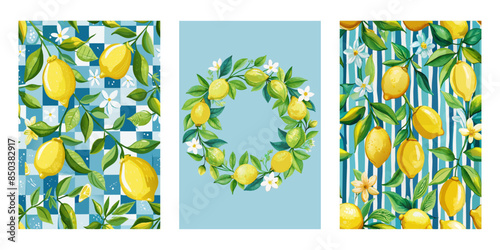 Lemon, flowers. Vector cute elegant watercolor illustration of lemons.
