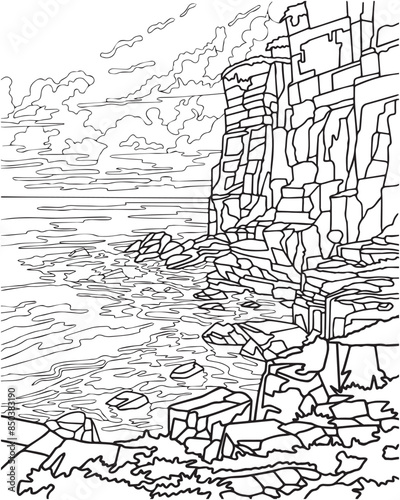 Landscape with sea and rock. Coloring book