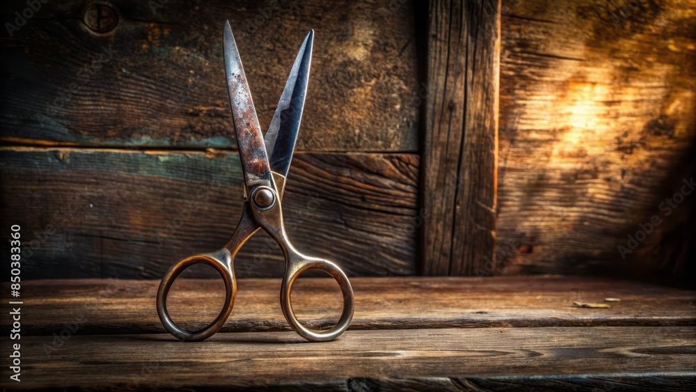 Darkness surrounds a lone pair of sharp scissors standing upright on a ...