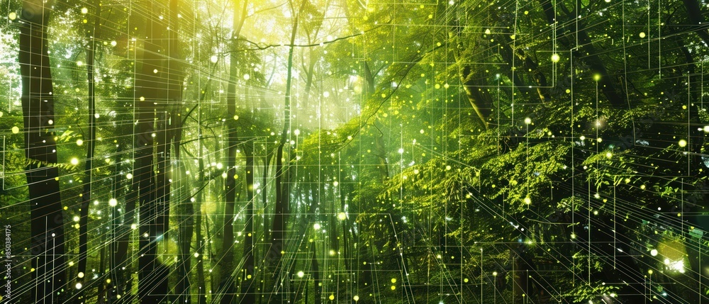 Fototapeta premium Digital grid overlay on a natural forest scene