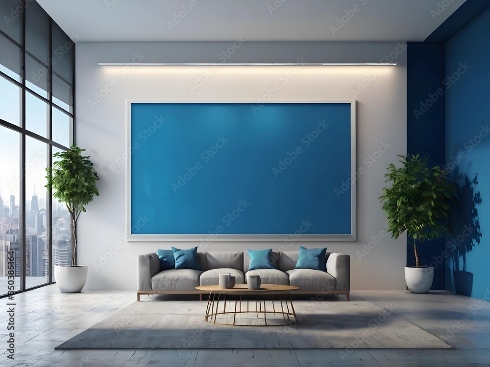 Modern interior design for posters in the living room with blue wall, mockup Modern interior design for posters in the living room with blue wall, mockup