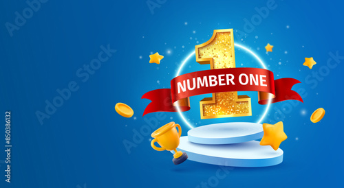 Win 1 place celebrating 3d vector illustration. Number one champion banner. Winner first number on podium with red ribbon on falling down confetti, goblet, stars on blue background. photo