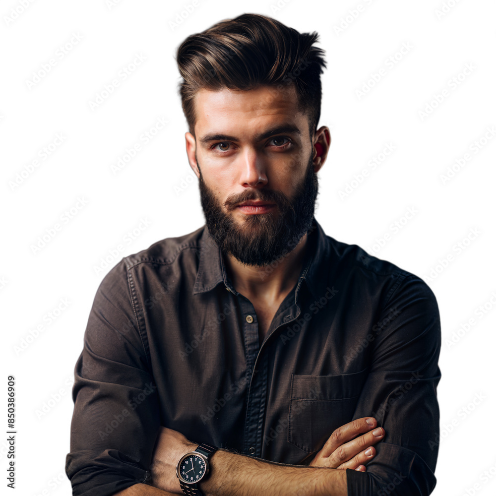 Confident young man with beard posing on transparent background Confident young man with beard posing on transparent background