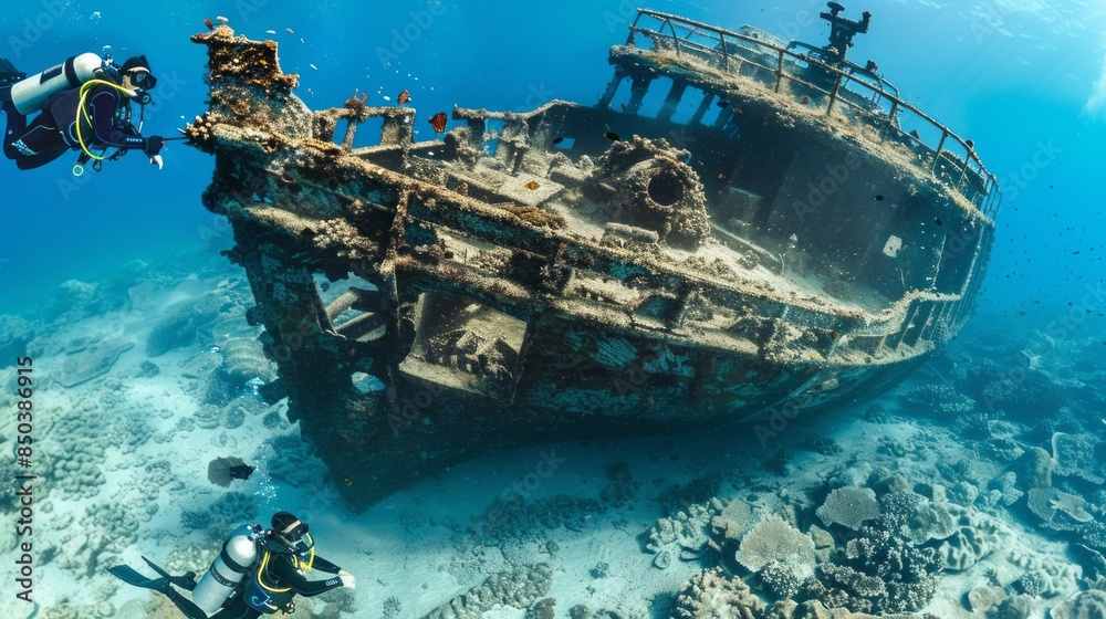 A group of people are diving in the ocean and they are looking at a shipwreck A group of people are diving in the ocean and they are looking at a shipwreck