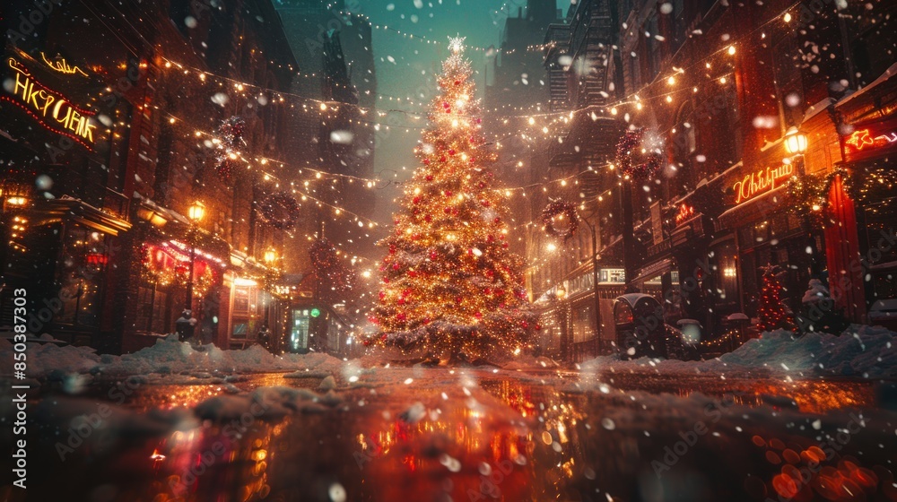 Fototapeta premium Seven strings of lights decorated Christmas tree, snow, night, 