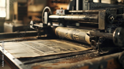 Nostalgic image of a vintage printing press in action, with a newsprint.