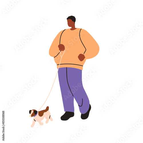 Black man walking dog outdoor. Pet owner holding leash, leading cute little puppy. Male going with miniature breed companion pup, tiny doggy. Flat vector illustration isolated on white background