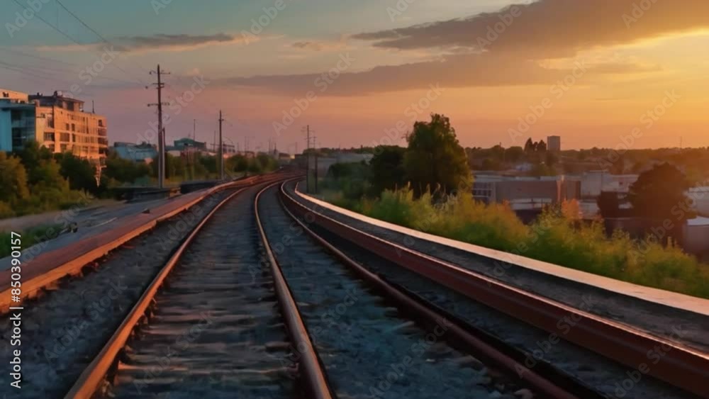 Railway in the morning, railway tracks through the city during sunset Generative AI Railway in the morning, railway tracks through the city during sunset Generative AI