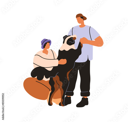 Dog glad to meet people. Loyal doggy, standing on hind paws, embracing pet owner. Happy friends, couple hugging big furry fluffy companion. Flat vector illustration isolated on white background