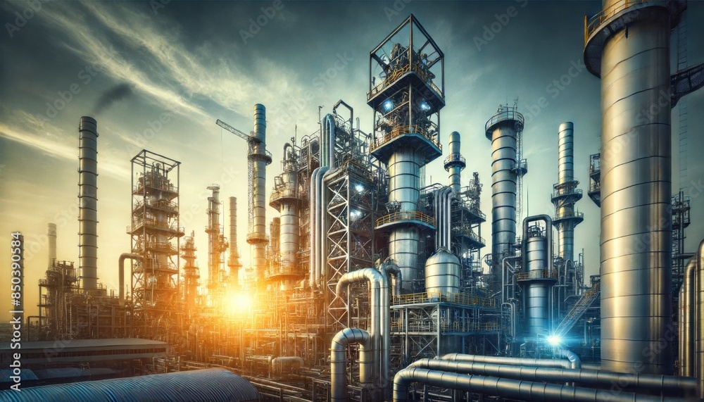 Fototapeta premium Industrial Factory with Tall Structures and Steel Pipes 