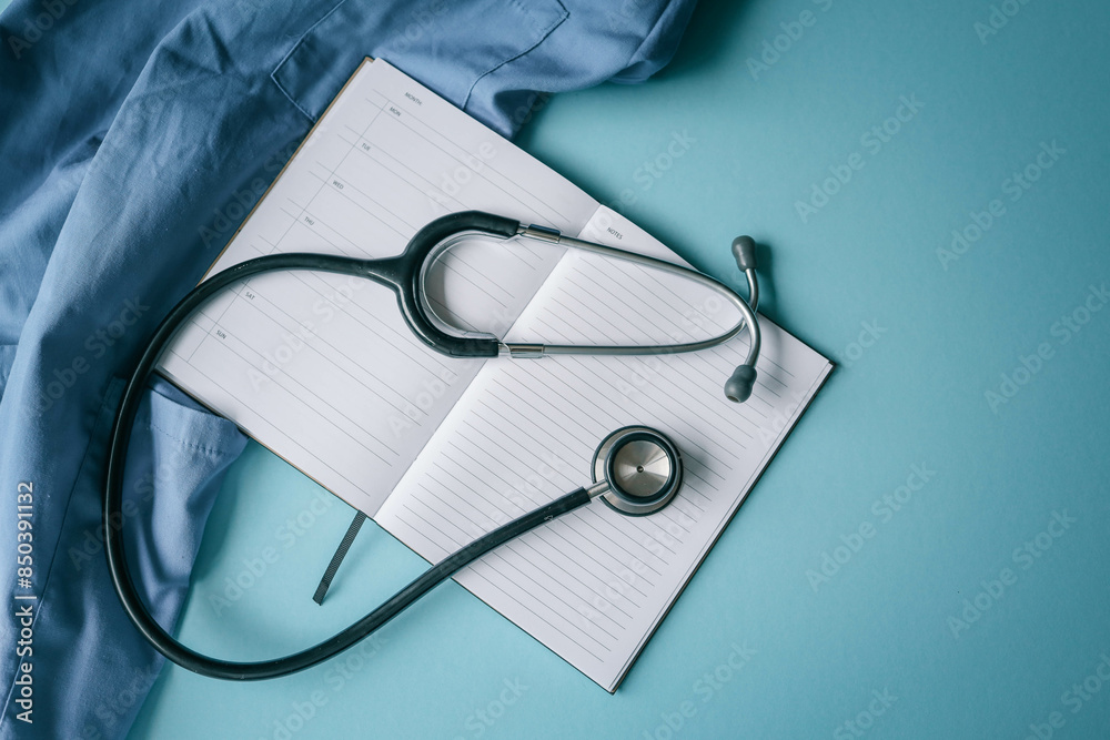 Stethoscope on light blue background, closeup. Space for text Stethoscope on light blue background, closeup. Space for text