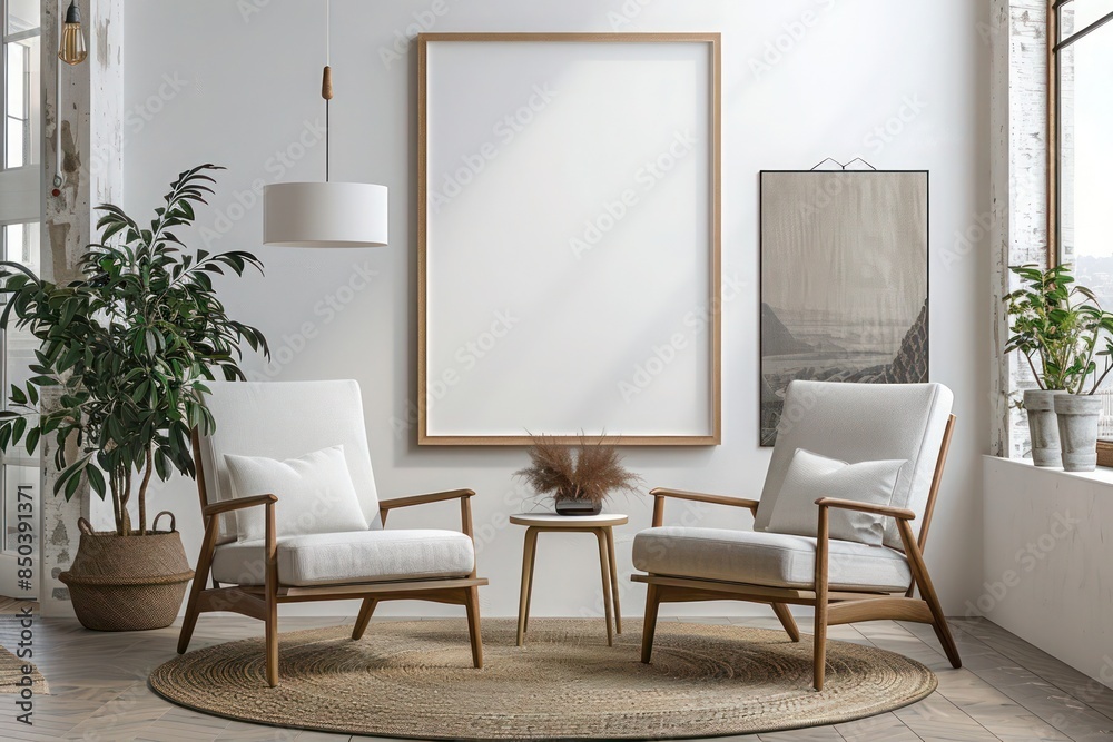 Two armchairs in a room with a white wall and a large framed poster. Modern Scandinavian style interior design for a contemporary living room