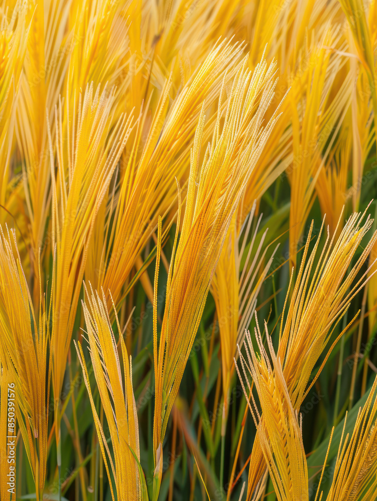 Beautiful golden wheat field with lush green accents, close up of ripe wheat spikes swaying in breeze, rich harvest scene in agricultural landscape, natural grain farming Beautiful golden wheat field with lush green accents, close up of ripe wheat spikes swaying in breeze, rich harvest scene in agricultural landscape, natural grain farming