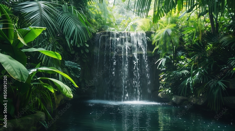 A gentle waterfall cascading into a tranquil pool surrounded by lush greenery A gentle waterfall cascading into a tranquil pool surrounded by lush greenery