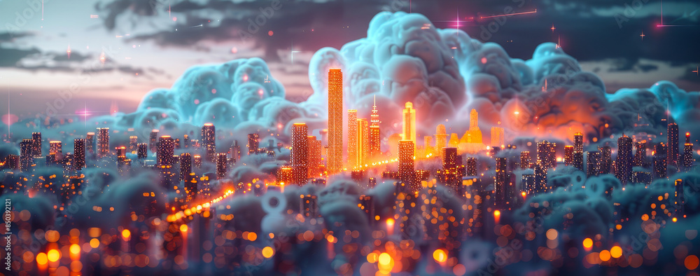 Futuristic Smart City Skyline with Cloud Computing and Digital Networking Concept Futuristic Smart City Skyline with Cloud Computing and Digital Networking Concept
