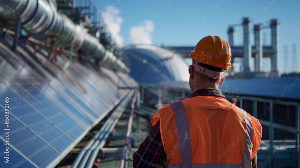 A worker monitoring the output of a solarpowered cooling tower signifying the importance of sustainable energy in modern industry. A worker monitoring the output of a solarpowered cooling tower signifying the importance of sustainable energy in modern industry.