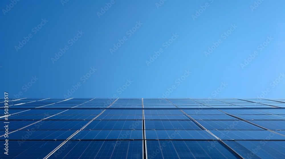 A clear blue sky seen through the gaps between the large solar panels installed on top of an airport hangar. A clear blue sky seen through the gaps between the large solar panels installed on top of an airport hangar.