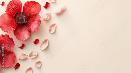 Red minimalist flower, layered petals on white background, shallow focus for elegant text overlay