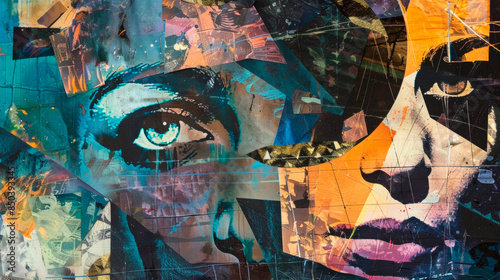 Photography A detailed close-up of a painting portraying the captivating essence of a womans face