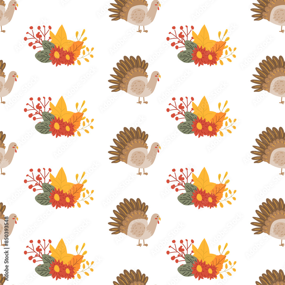 Fototapeta premium Fall thanksgiving pattern with autumn leaves and plants, animals. Cute fabric design. Thanksgiving day seamless background in traditional colors for clothes, textile, wrapping papers. Cute elements.