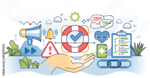 Crisis intervention with medical assistance and support outline hands concept, transparent background. Communication, announcements and guidance for recovery after emergency situations illustration.