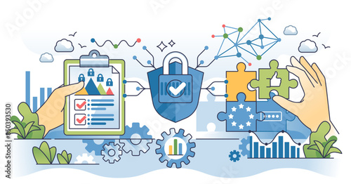 Data governance and information file safety system outline hands concept, transparent background. Cyber technology for safe cloud storage and company database privacy shield illustration.