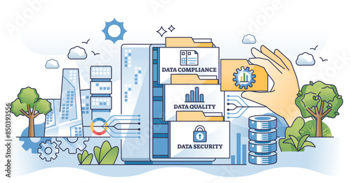 Data management with compliance, quality and security outline hands concept, transparent background.Information storage in secured server and datacenter hosting illustration.
