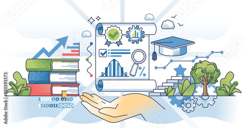 Data science certification and academic education outline hands concept, transparent background. Scientific information processing, analysis and research learning illustration.