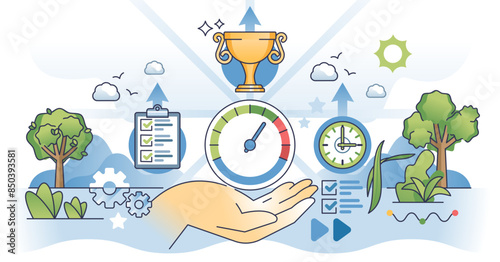 Performance management and efficiency improvement outline hands concept, transparent background.Successful business goals reach with milestone achievements illustration.