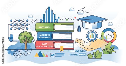 Data science courses for machine learning or statistics outline hands concept, transparent background.Information visualization, analysis and forecasting studies illustration.