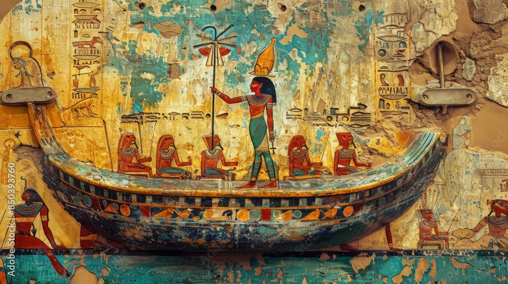 Fototapeta premium The image shows an ancient Egyptian painting of a boat with people and animals on it.