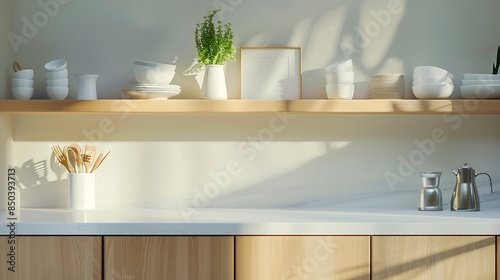 detail in kitchen with scandinavian interior wooden cabinet clean plates and bowls on shelves houseplant in pitcher utensils on wall and picture with copy space on white countertop : Generative AI © Generative AI