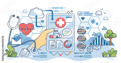 Big data in healthcare for patient health analysis outline hands concept, transparent background. Medical information system about public healthcare, new clinical research.