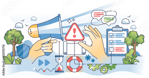 Crisis communication and corporate PR management outline hands concept, transparent background. Emergency situation message with problem solution and fast response illustration.