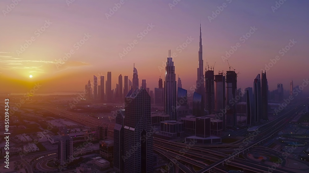 Obraz premium Aerial view of Dubai Frame Downtown skyline United Arab Emirates or UAE Financial district and business area in smart urban city Skyscraper and highrise buildings at sunset : Generative AI