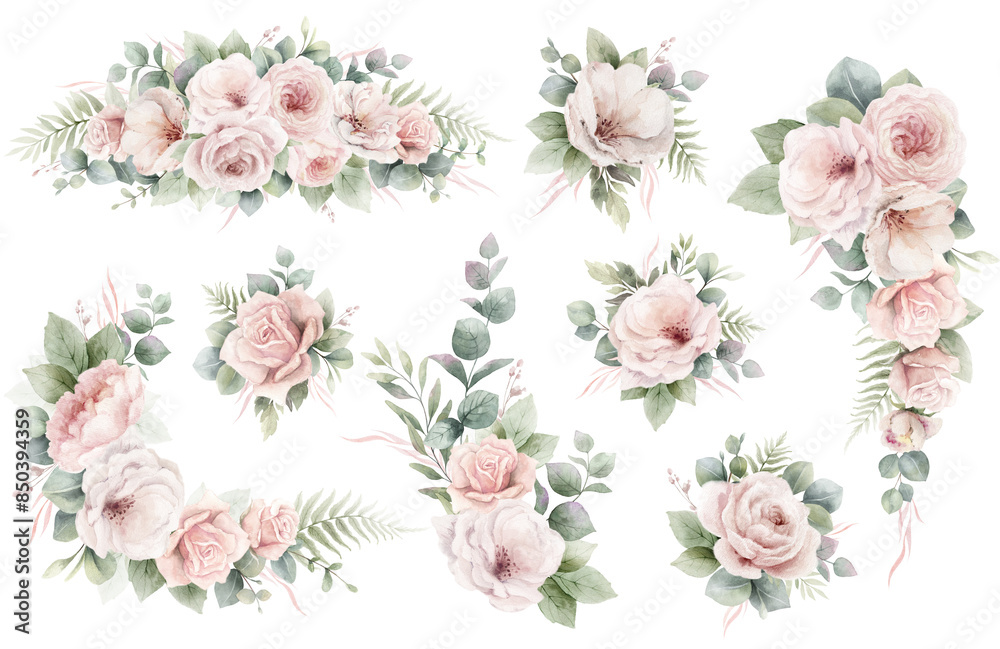 Light pink roses flowers and eucalyptus leaves. Watercolor floral wreath, frame, border, bouquet. Arrangement for wedding invitations, greetings, wallpapers, decoration. Hand painted illustration. Light pink roses flowers and eucalyptus leaves. Watercolor floral wreath, frame, border, bouquet. Arrangement for wedding invitations, greetings, wallpapers, decoration. Hand painted illustration.