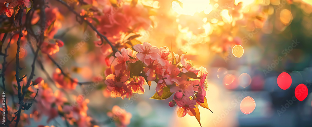 Beautiful spring background with blooming crabapple flowers in the city, sunset light Beautiful spring background with blooming crabapple flowers in the city, sunset light