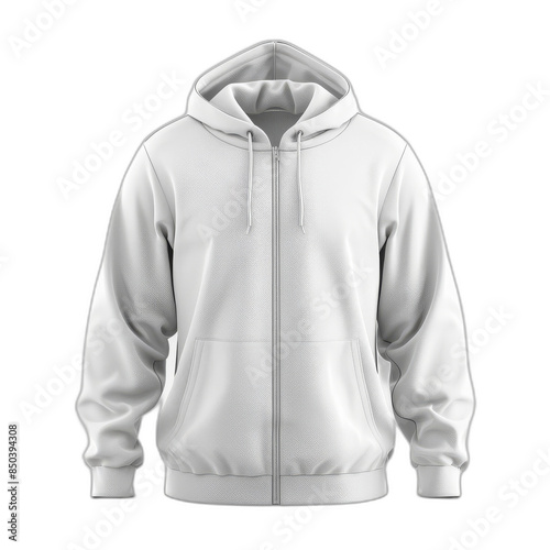 A white zip-up hoodie on a transparent background. © Mark