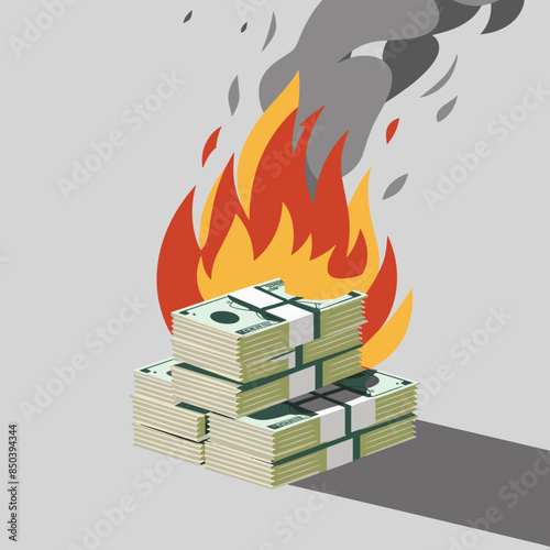 Burning money, Bankruptcy, financial crisis and inflation concept Wasting money Finance vector illustration