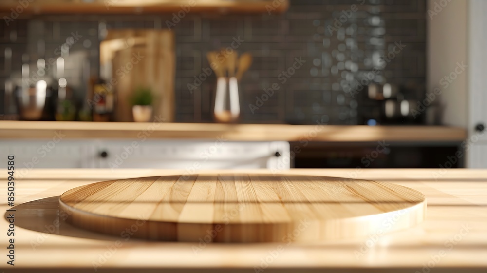 Empty beautiful round wood tabletop counter on interior in clean and bright kitchen  background Ready for display Banner for product montage : Generative AI