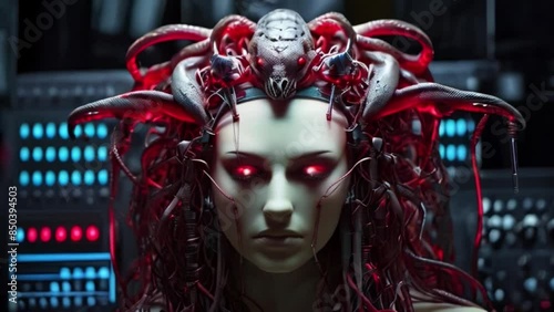 Digital Medusa, medusa reincarnated with the help of artificial intelligence, Red medusa robot with snakes in head Generative AI photo