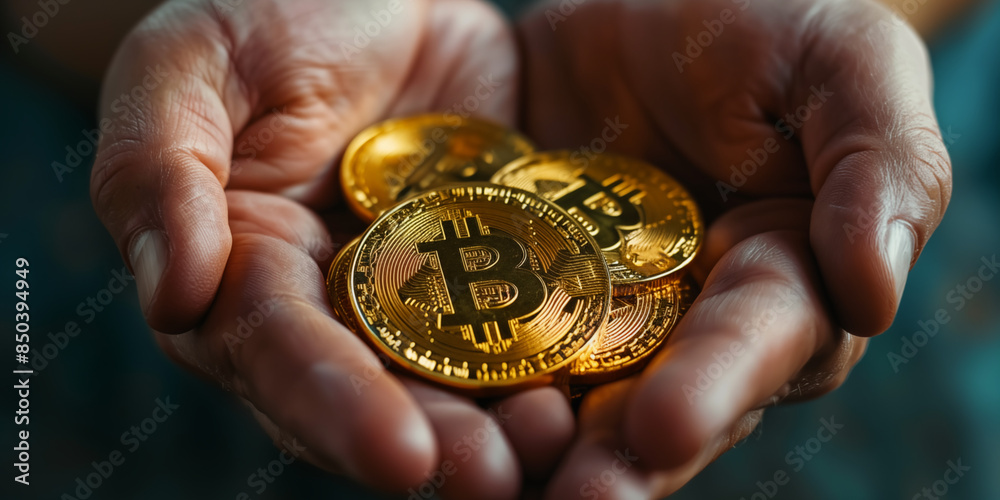 Man holding in hands bitcoin coins. Investing in cryptocurrencies concept. Shallow depth of field. Man holding in hands bitcoin coins. Investing in cryptocurrencies concept. Shallow depth of field.