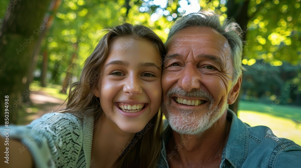 A father and daughter smiling for a selfie in a park, surrounded by green trees, enjoying a sunny day. A father and daughter smiling for a selfie in a park, surrounded by green trees, enjoying a sunny day.