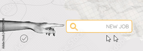 Trendy Halftone Collage Online Hiring Job. Hand point to Search bar with New Job text. Online vacancy. Career opportunity. Surrealism metaphor. Seo management. Contemporary vector illustration art
