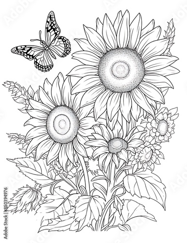 Sunflower Mandala Coloring Page for Adults. Flower and Butterflies Coloring Book